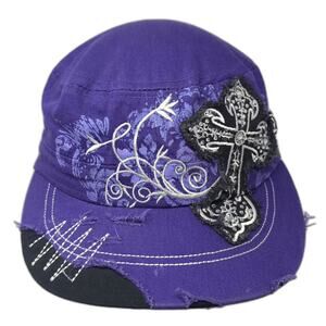 National Army Cap Hat Purple Black OS Rhinestone Cross Distressed Embroidered